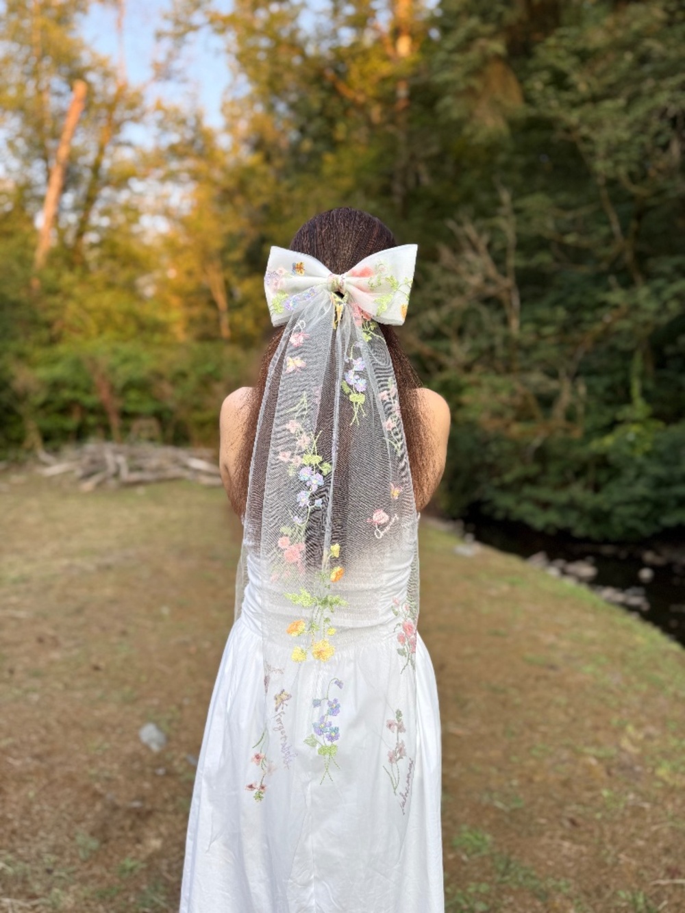 Embroidered Floral Tulle Bow Veil, Wildflowers Wedding Hair Accessory